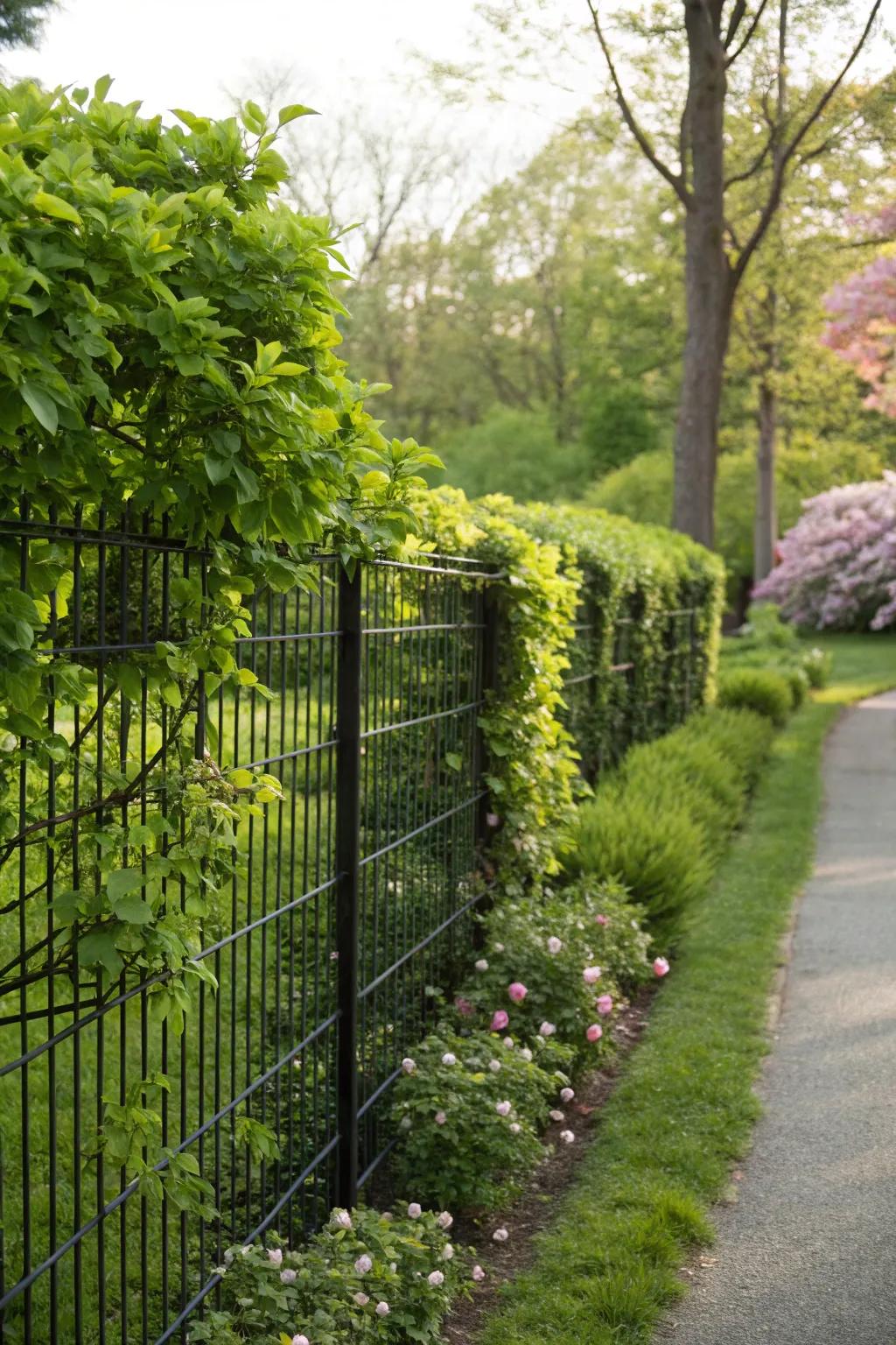 Preserve seclusion and savor the view with carefully chosen flora along a dark metallic mesh barrier.