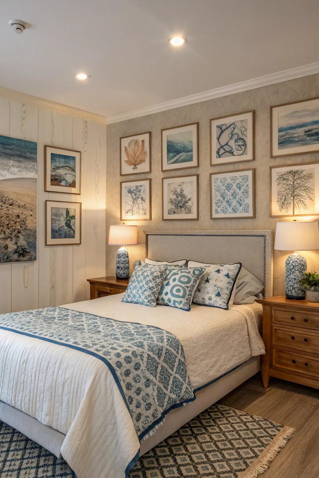 Art pieces in azure and sandstone bring a personal touch to the room.