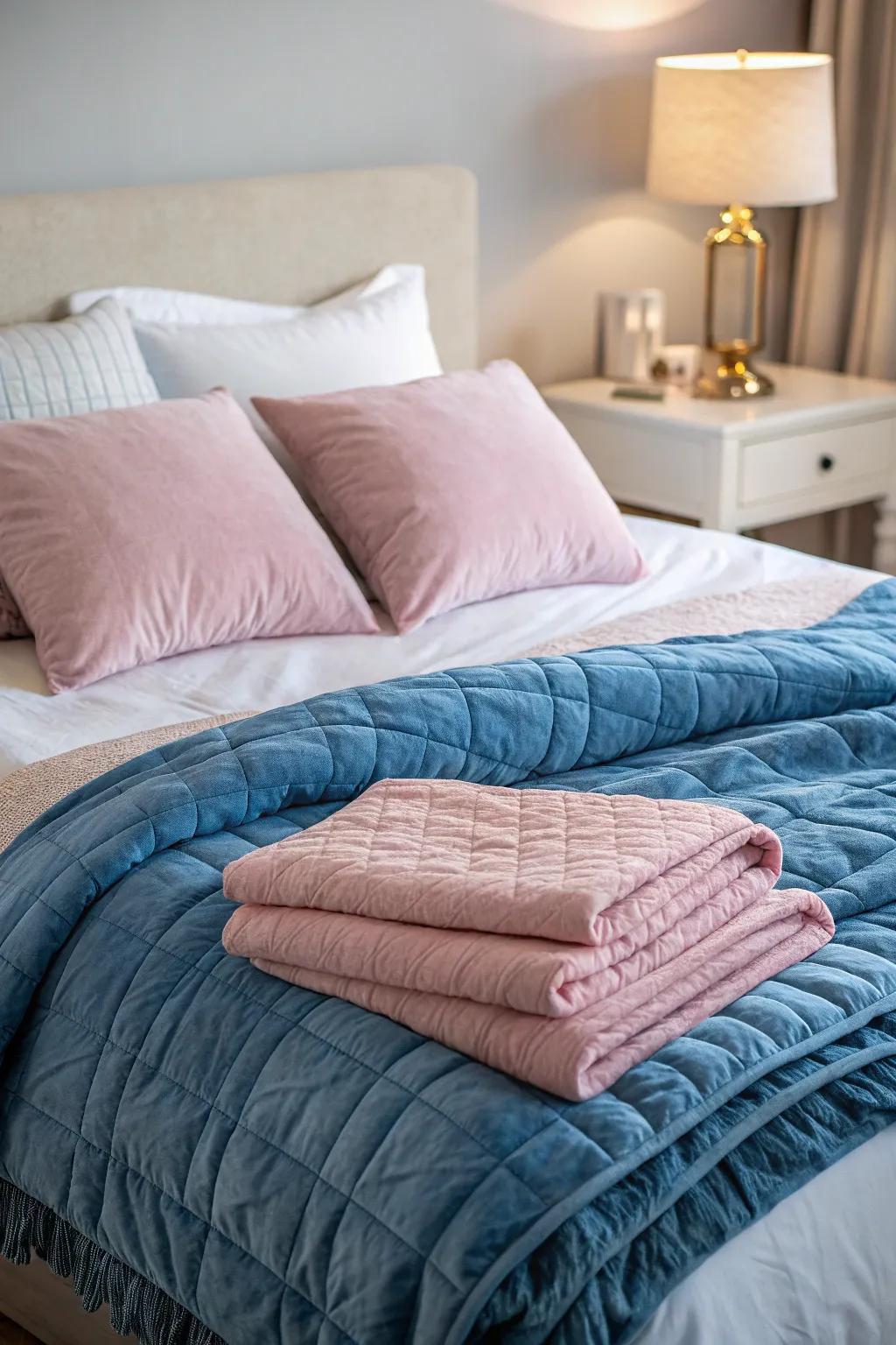 Textured linens in blue and rose enhance the bedroom's comfort and design.