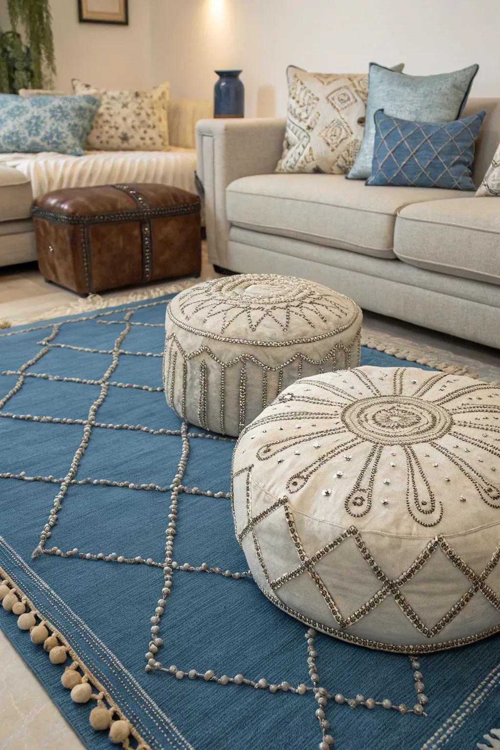 Superimposed textiles in blue and silver bring warmth and dimension to this cozy living space.