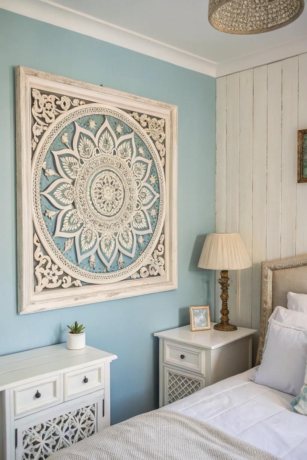 Wall art enhances the visual allure of a blue and white themed bedroom.