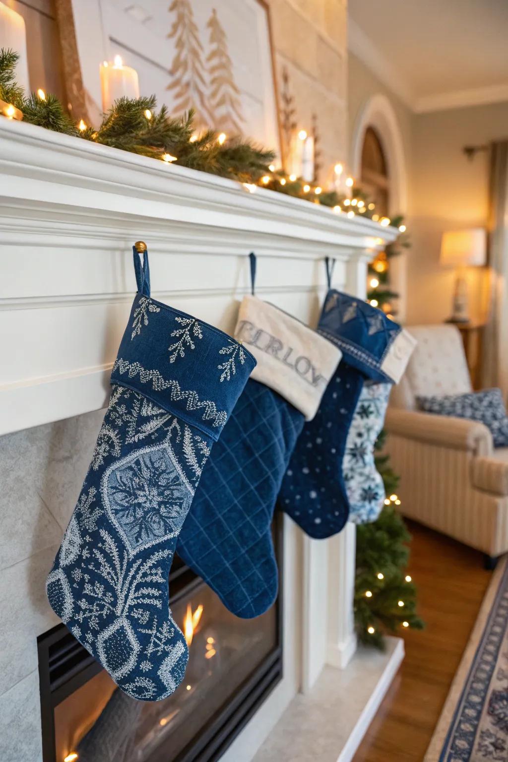 Opulent azure velvety hosiery adorning the fireplace