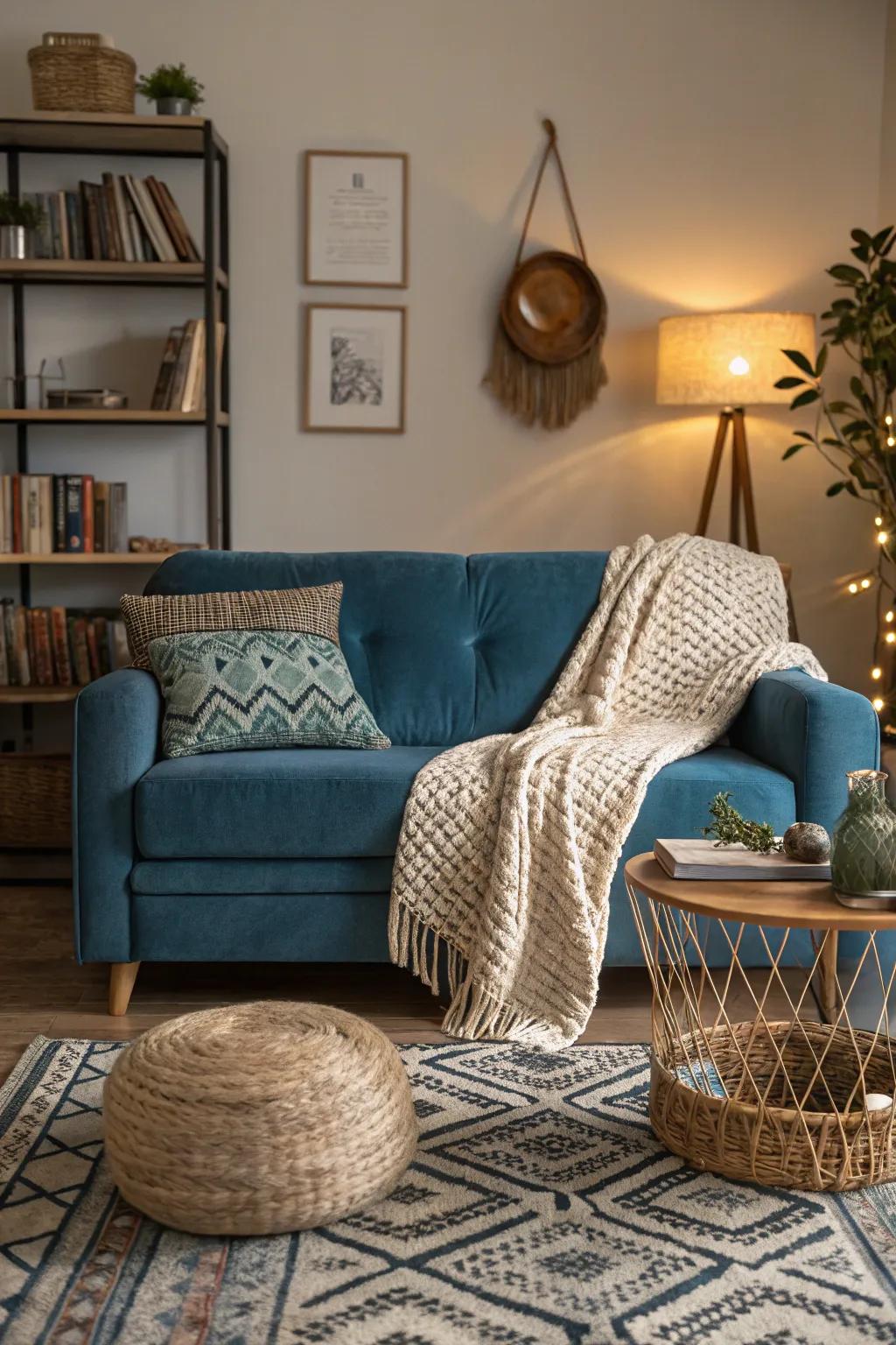 Textures such as velvet and wool enhance the depth of a cerulean settee living area.