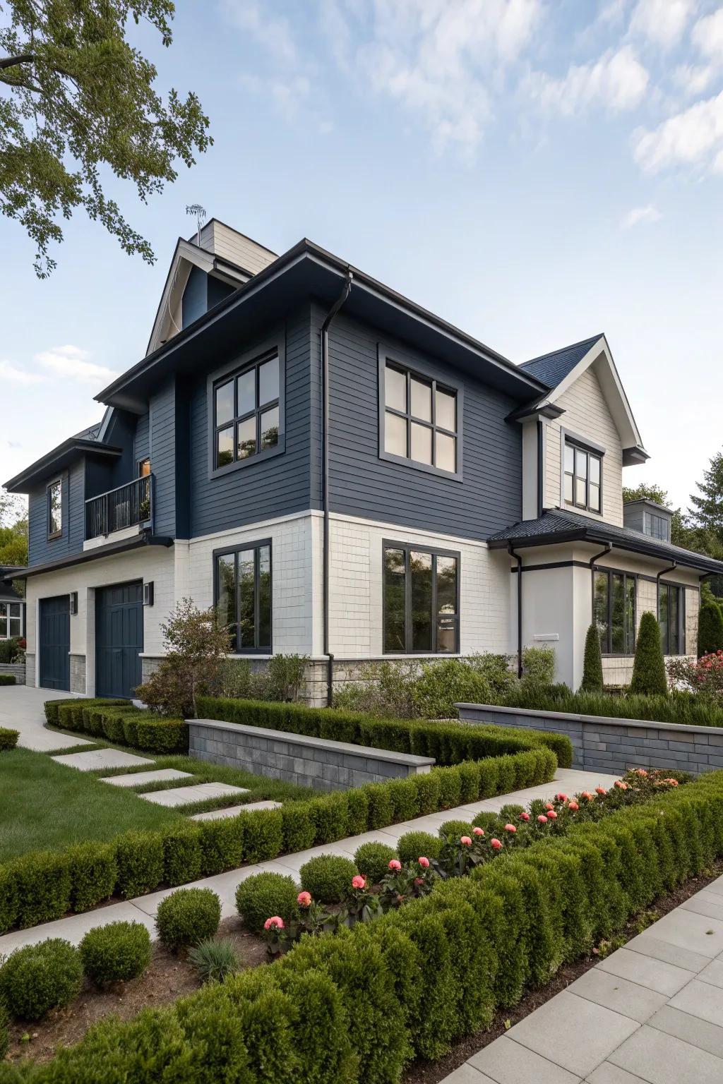 Dual-tone blue and gray frontages impart dimension to dwellings.