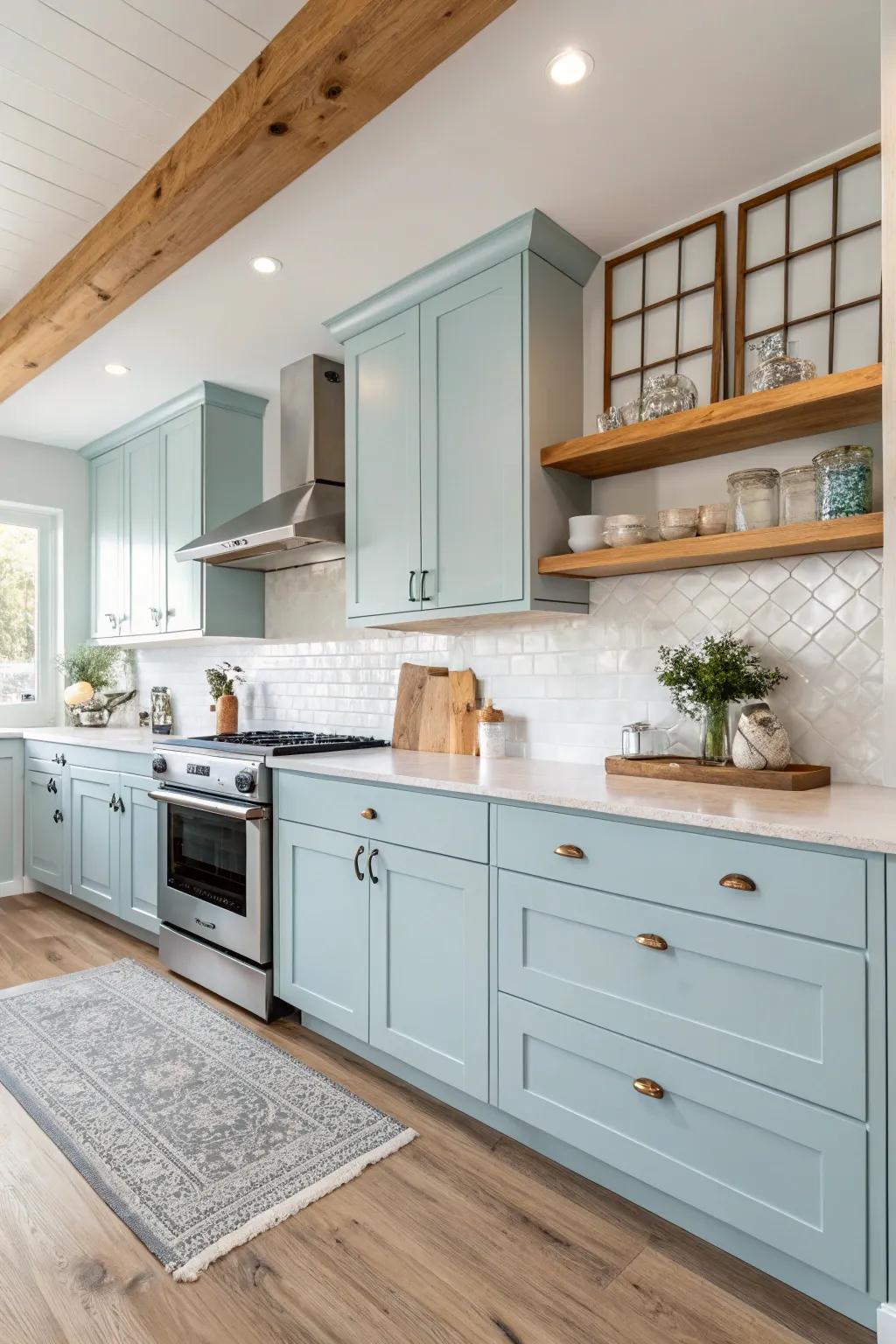 Cozy kitchen showcasing sky blue cabinets and timber details.