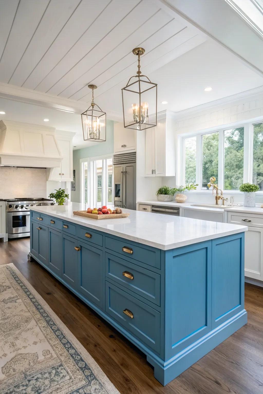 The contrast of cerulean and ivory creates a visually breathtaking kitchen.