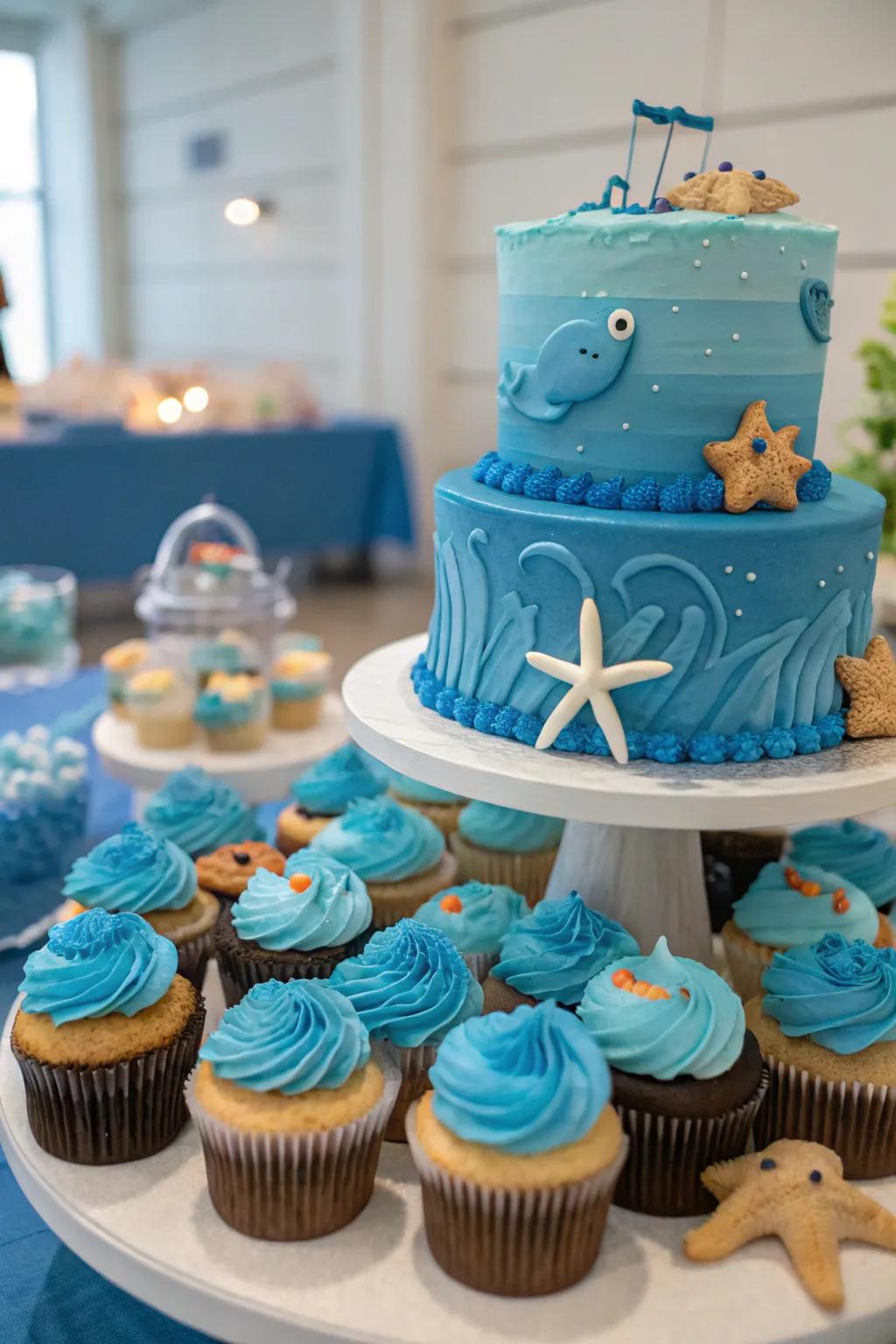 An aquatic dessert arrangement filled with creatively themed blue treats.