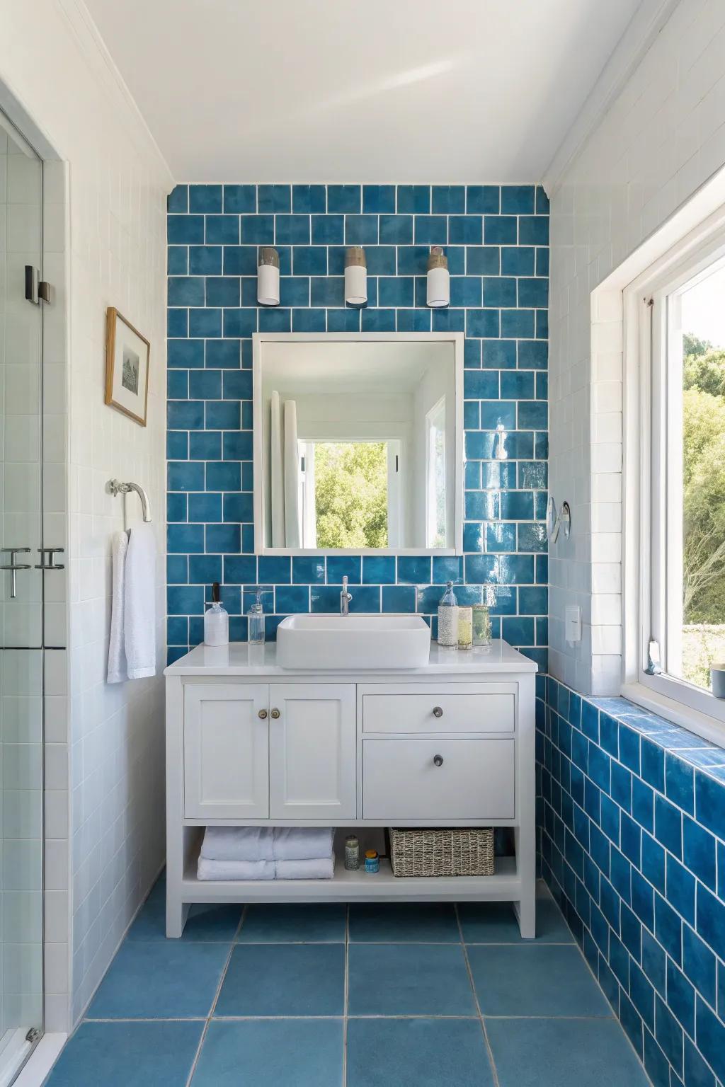 A bold blue accent wall can transform your bathroom into a stunning focal point.