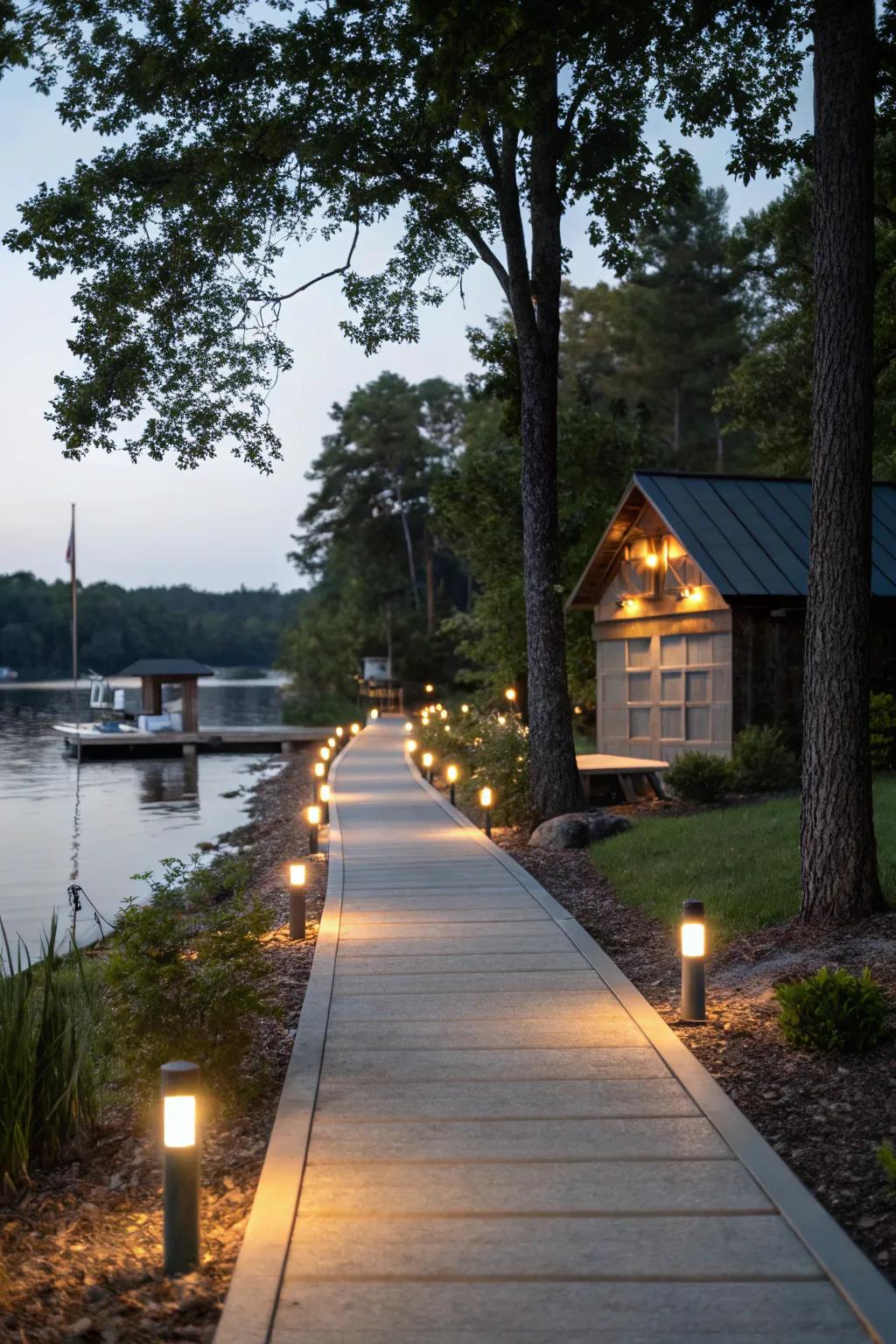 Pathway lights lead the route to the boat house, ensuring both safety and sophistication.