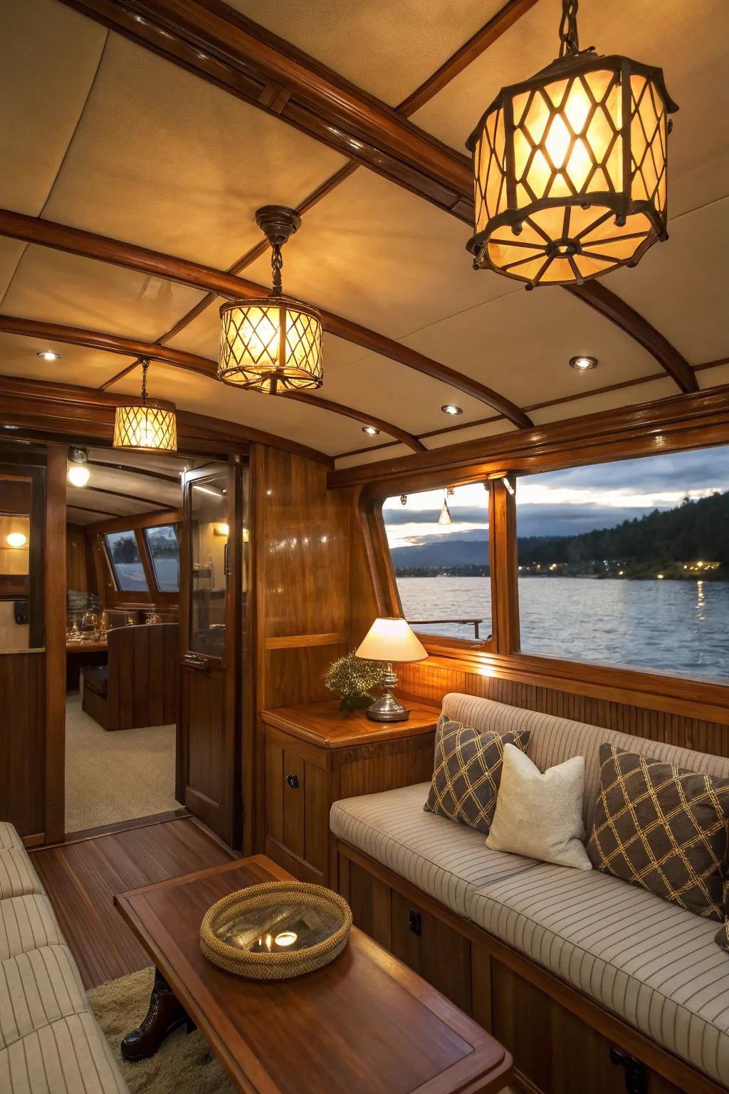 Comforting lighting enhances the cozy ambiance within the boat.