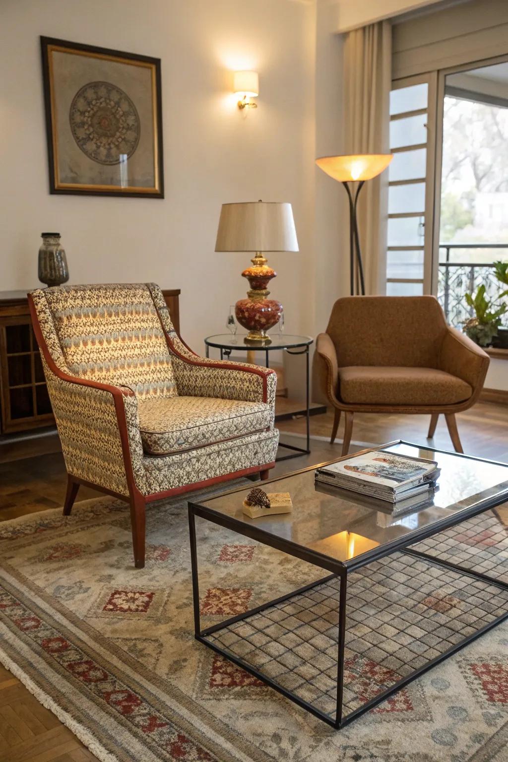 Varied furniture crafts a distinct bohemian space.