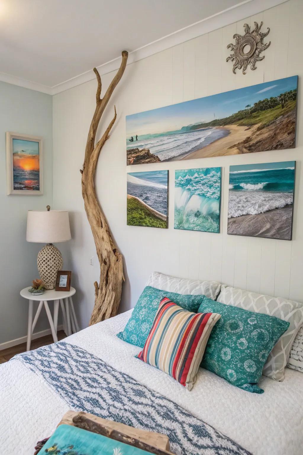 Beach-themed artwork ferries the quintessence of the sea inside.