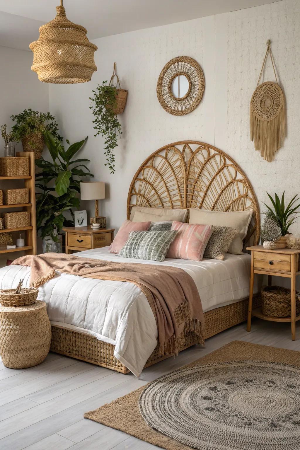 Natural components like rattan contribute an earthy feel to boho decor.