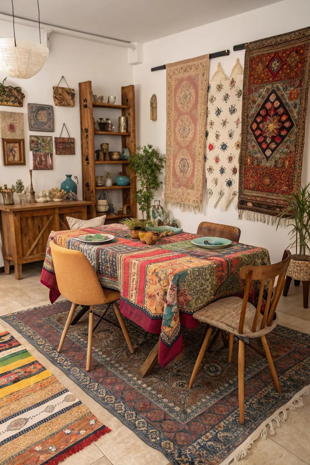 Woven cloths establishing warmth within a boho dining space.