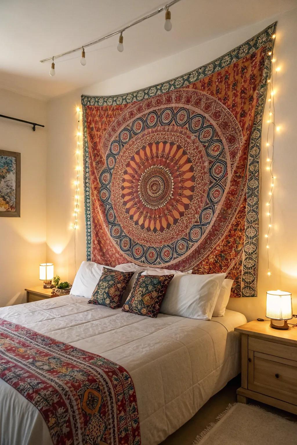 A woven artistry headboard brings color and texture to this bohemian retreat.
