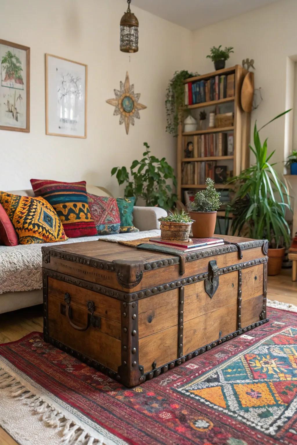 Antique luggage pieces present elegant storage with a hint of heritage.