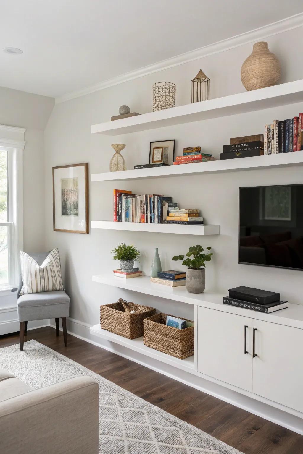 Wall mounted shelves add a sleek, modern touch to any space.