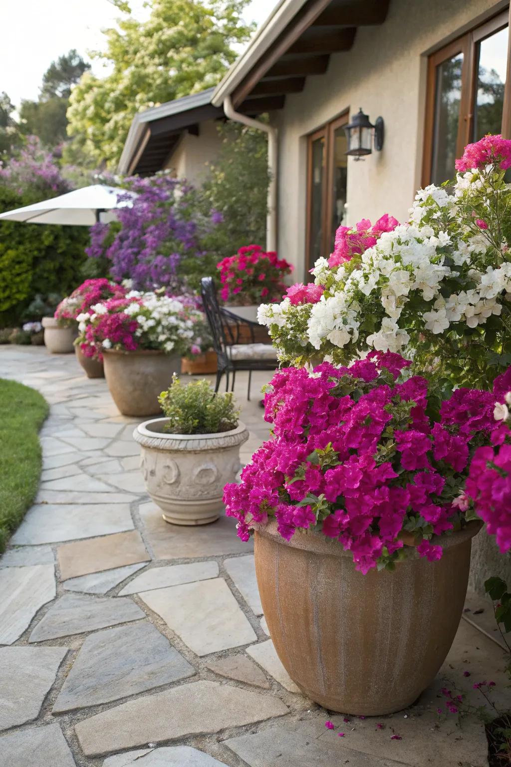 Potted bougainvillea introducing dynamic color to a patio environment.