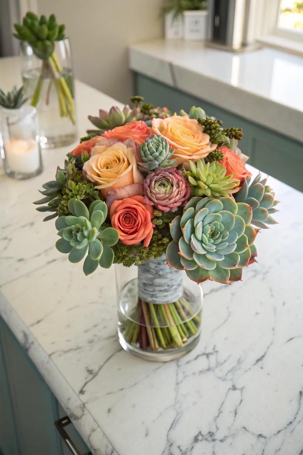 Fleshy greenery introduces texture and a contemporary vibe.