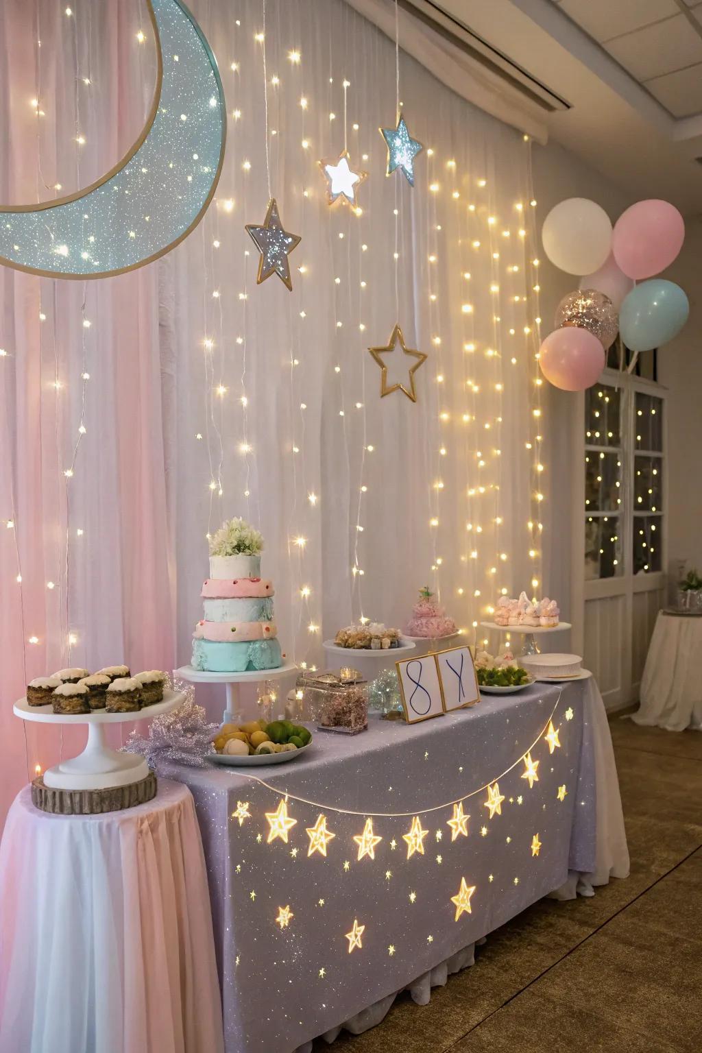 A star baby shower with celestial touches and gentle lighting