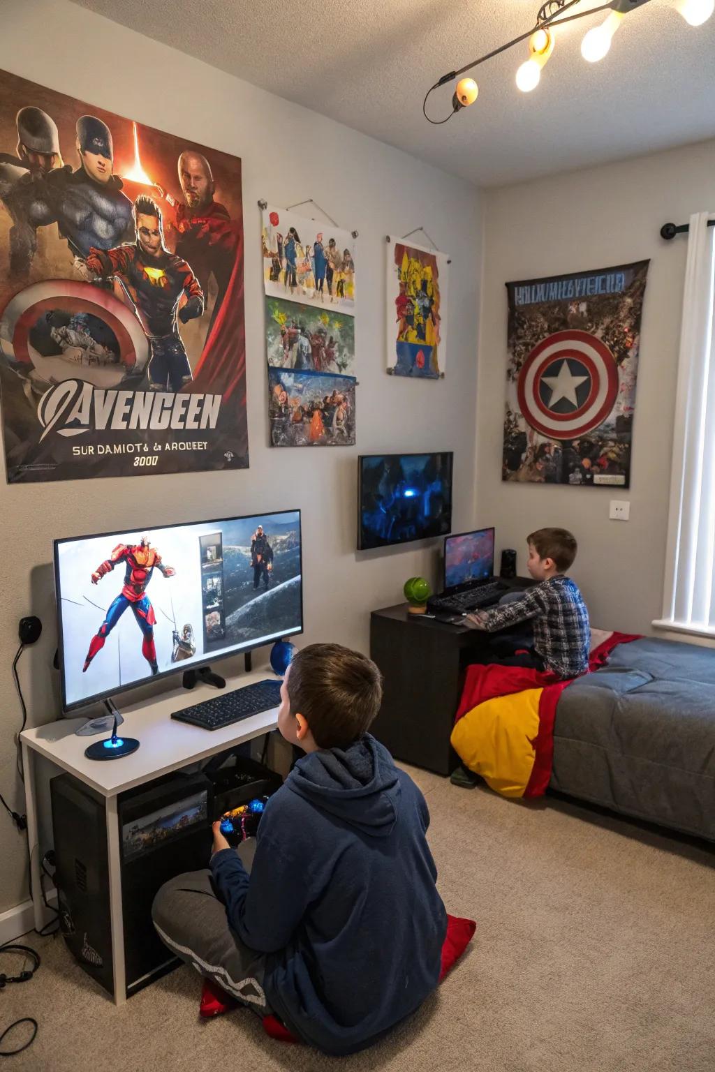 Superhero wall art incorporates a vibrant and personal element into the gaming room.