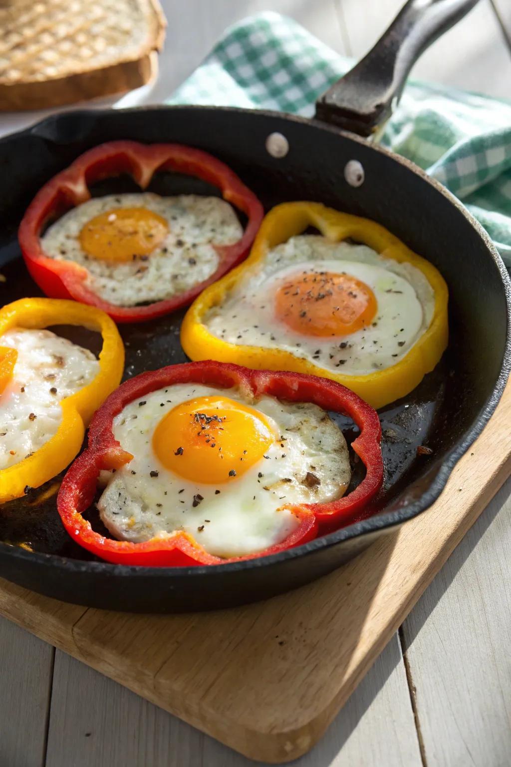 Eggs nestled snugly within bell pepper rings create a cheerful breakfast.