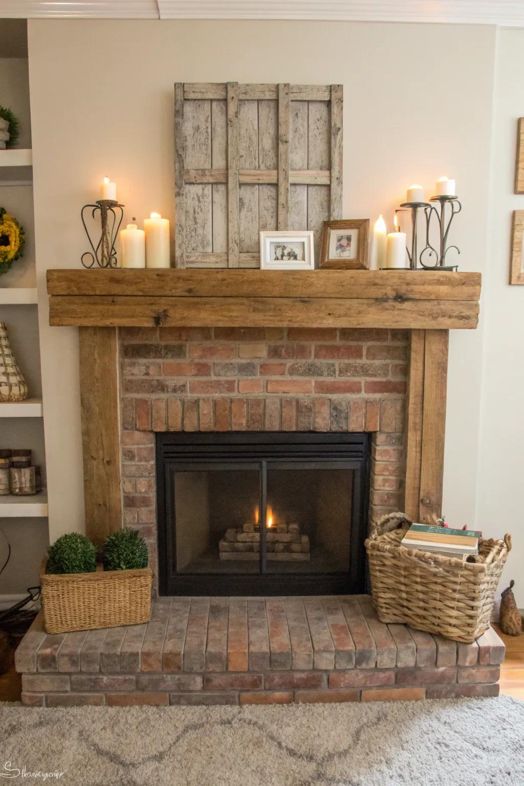 A brick hearth featuring a timber mantel, contributing countryside charm and practicality.