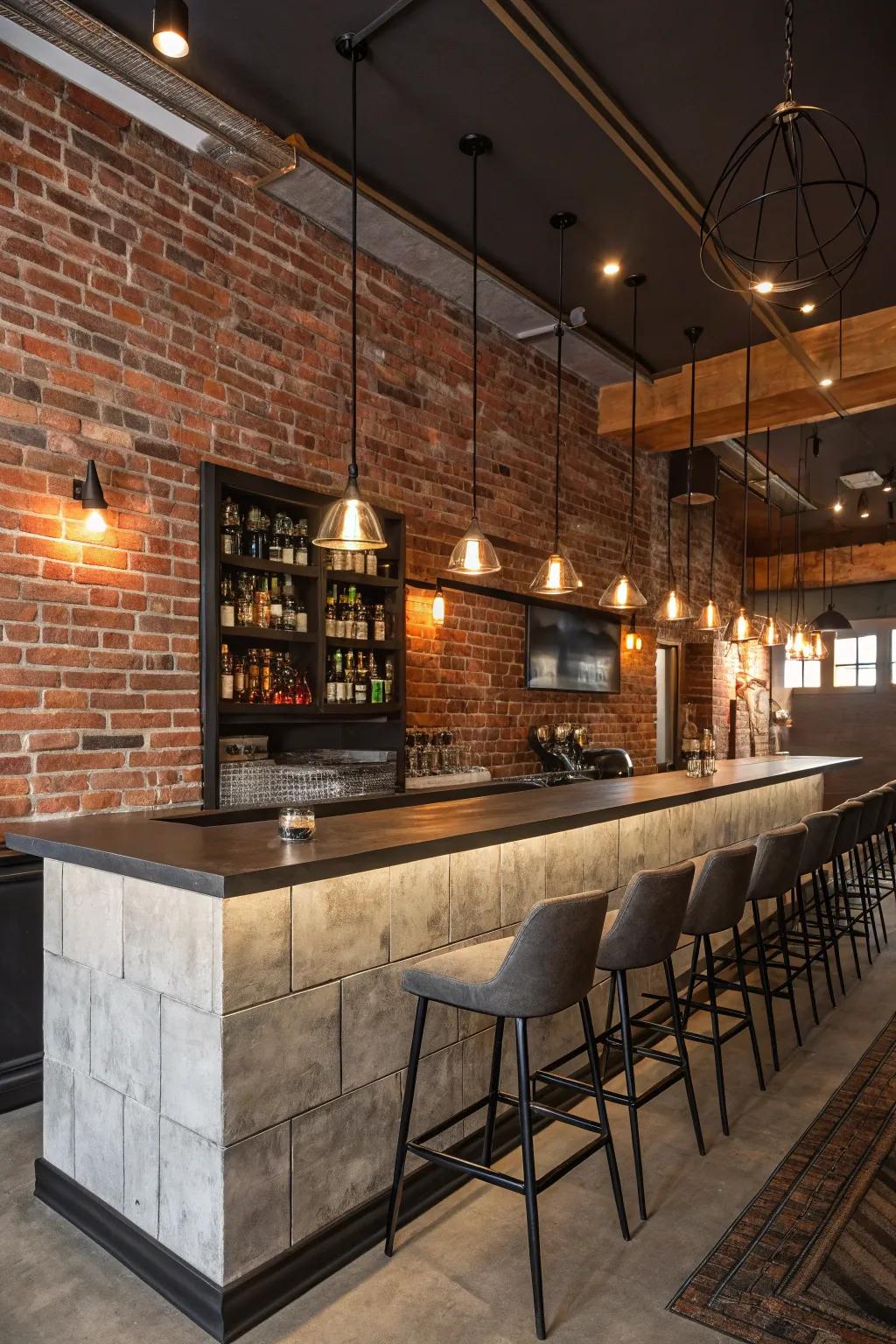 Contemporary bar featuring drop lighting that enriches the brick wall's texture.