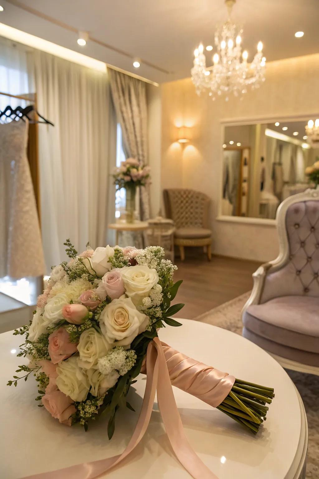 Sleek band drapes present a standard and elegant veneer to bridal bouquets.