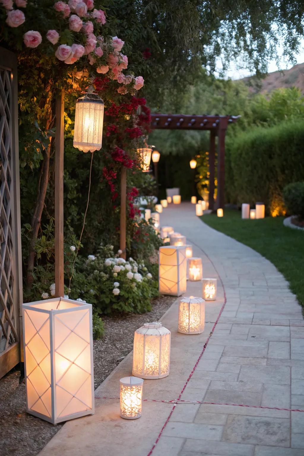 Elegant lanterns illuminate the route to the bridal shower entrance, creating a cozy and welcoming radiance.
