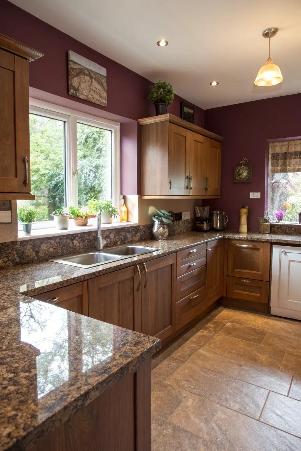 Violet walls create a daring contrast, enhancing the room's sophistication.