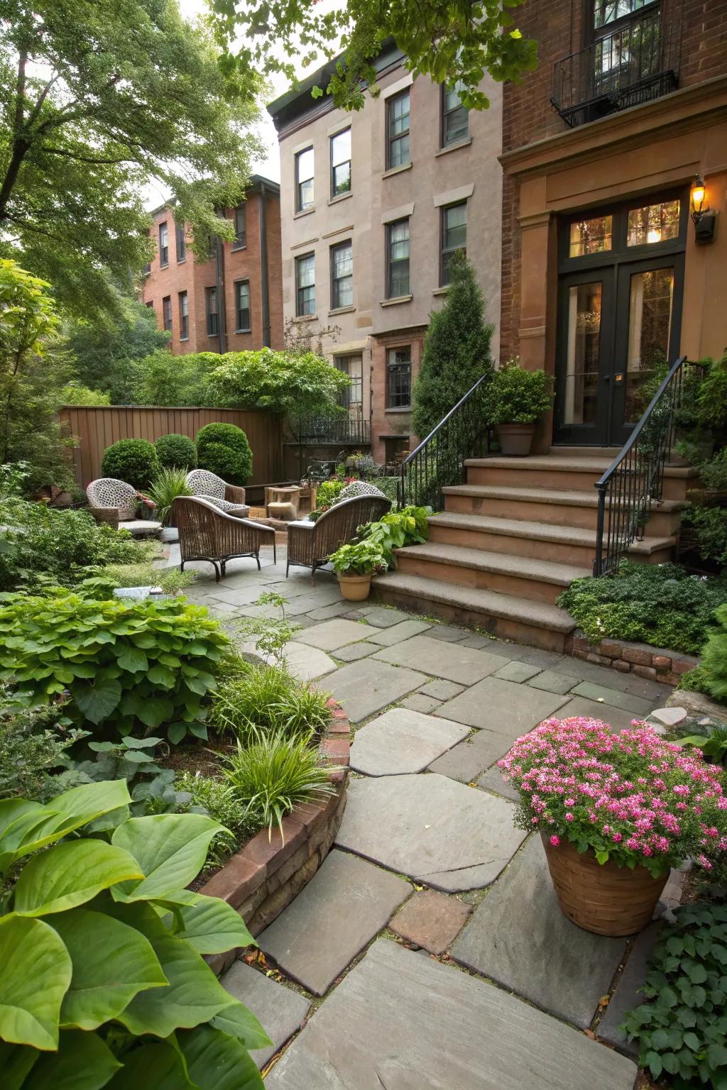 Refined ground cover complements the greenery in this brownstone backyard.