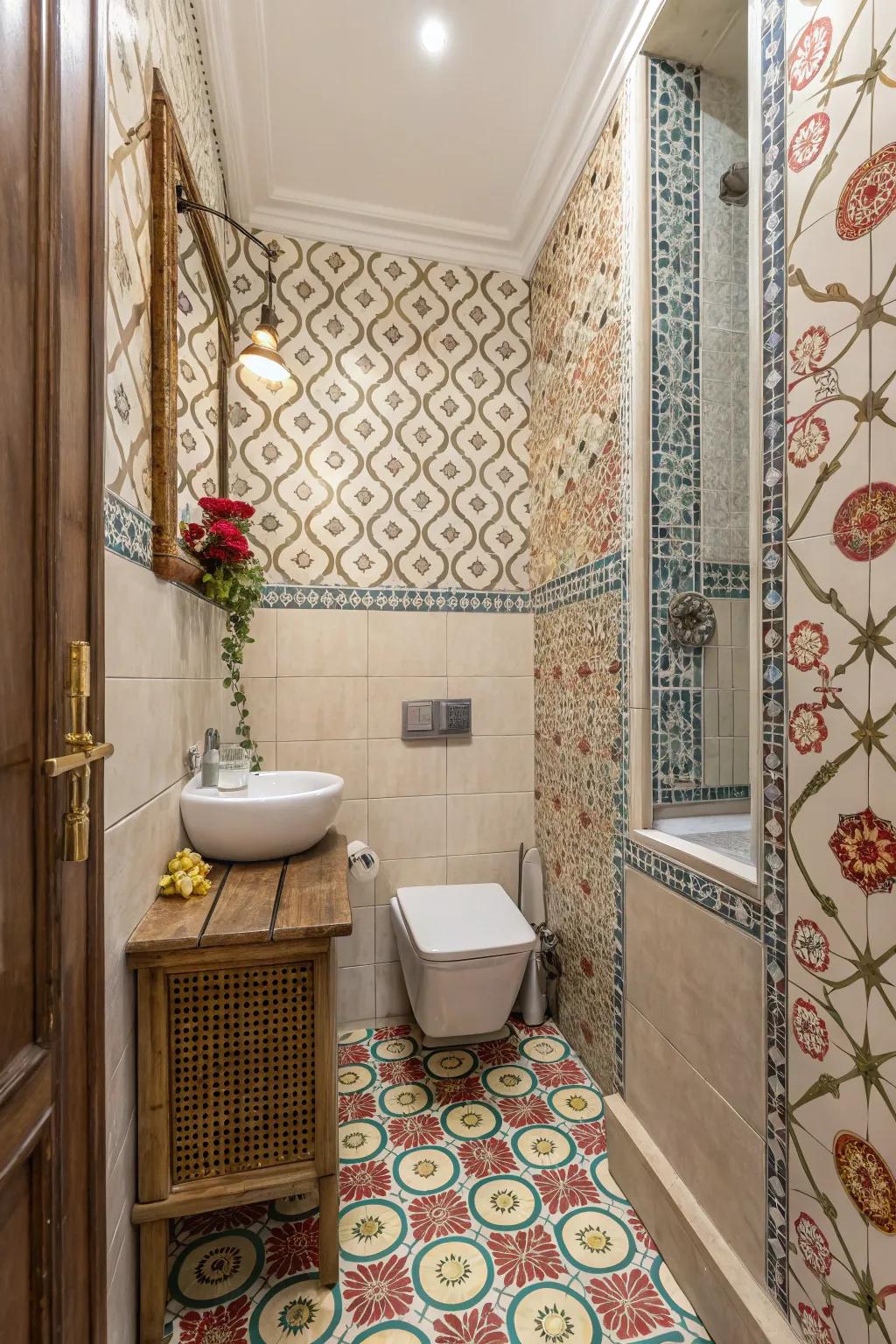 Decorative touches enliven a small bathroom with patterned wallpaper.