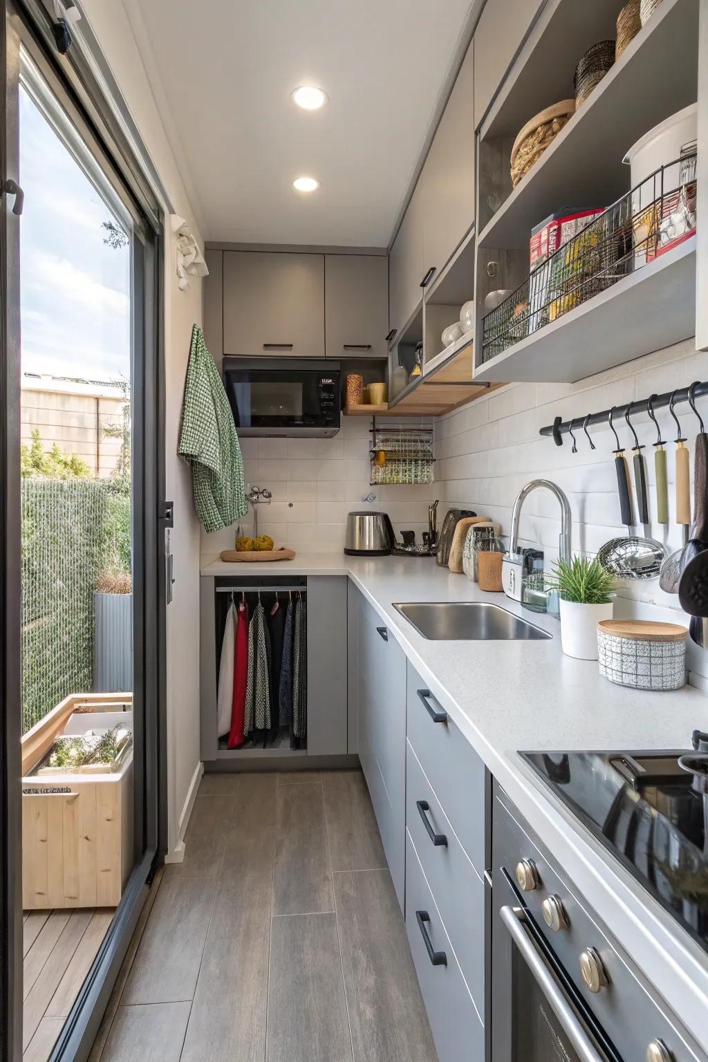 A thoughtfully designed layout enhances practicality in a small cooking area.