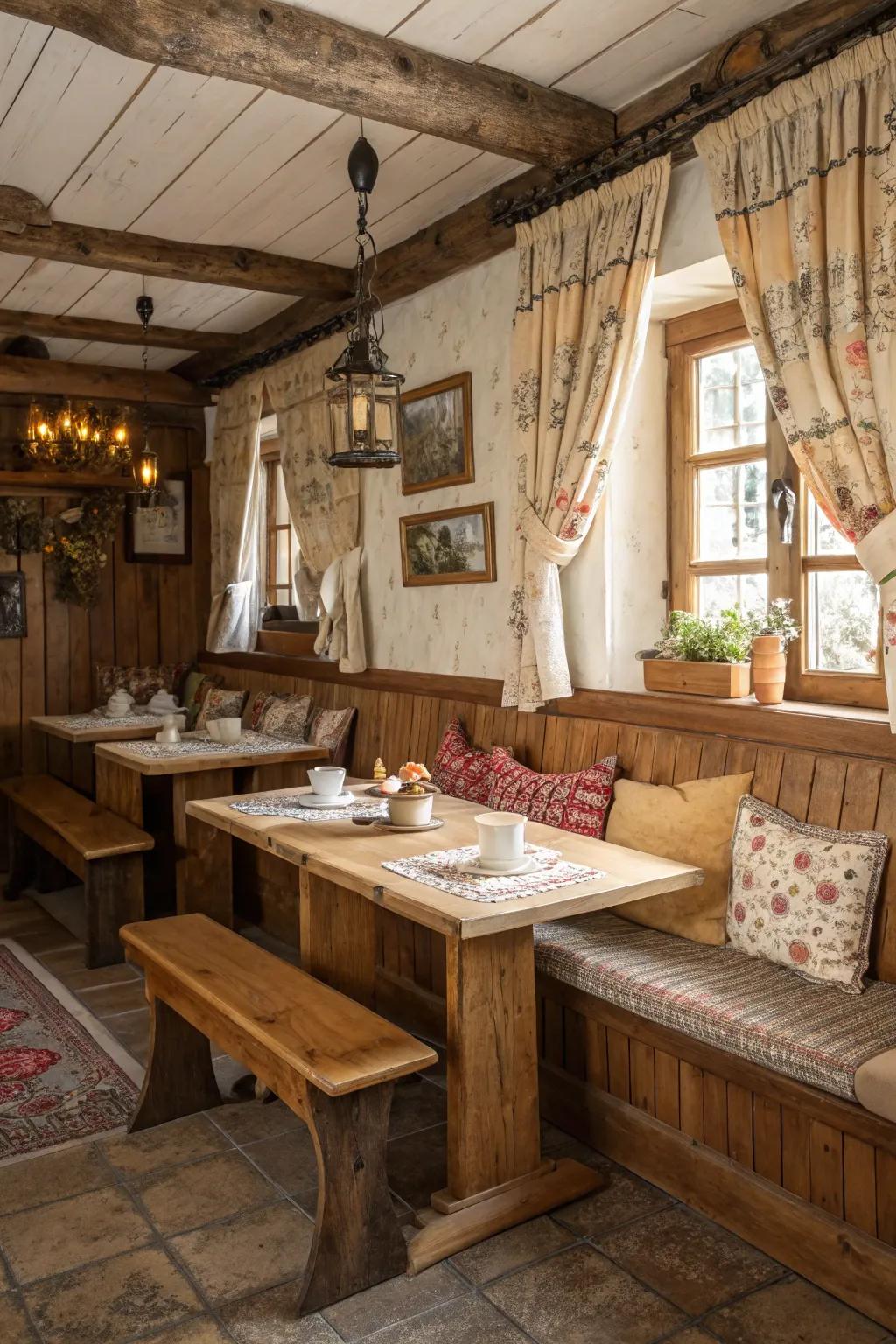 Country house style in the kitchen with wooden banquette seating.
