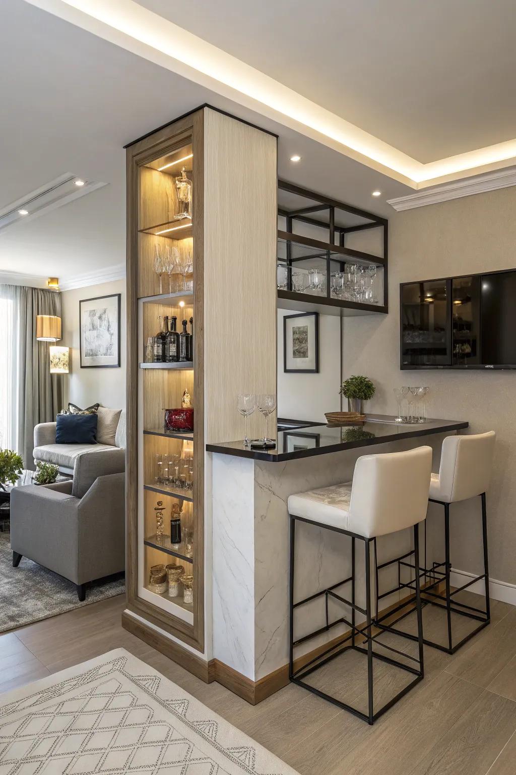 An elegant nook bar optimizes vertical space inside a small apartment.