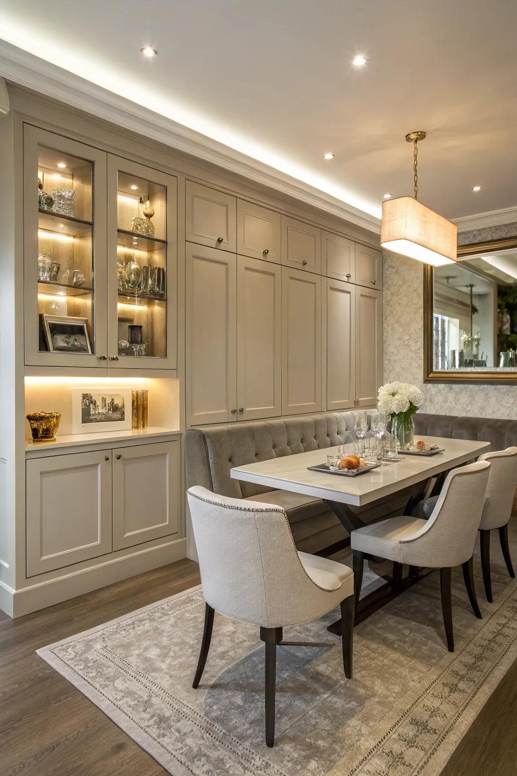 A dining surface that is seamlessly integrated with surrounding built-in cabinet structures.