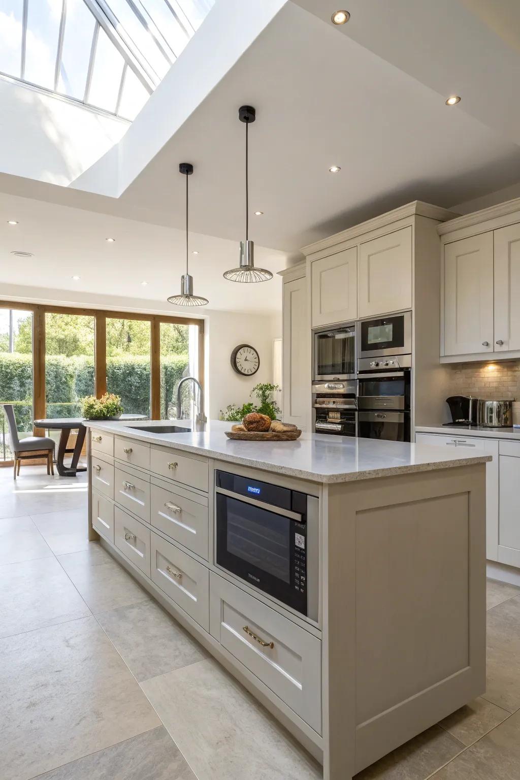 Open-plan kitchen showcasing a microwave integrated into the kitchen island.