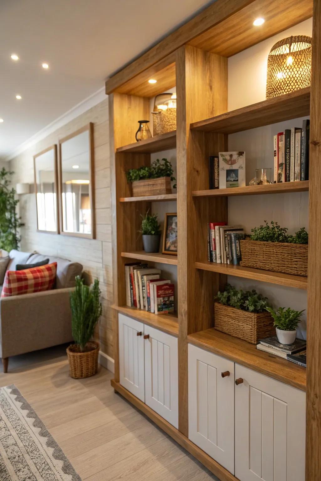 Introducing nature-inspired elements like wood and plants brings warmth to built-in shelves.