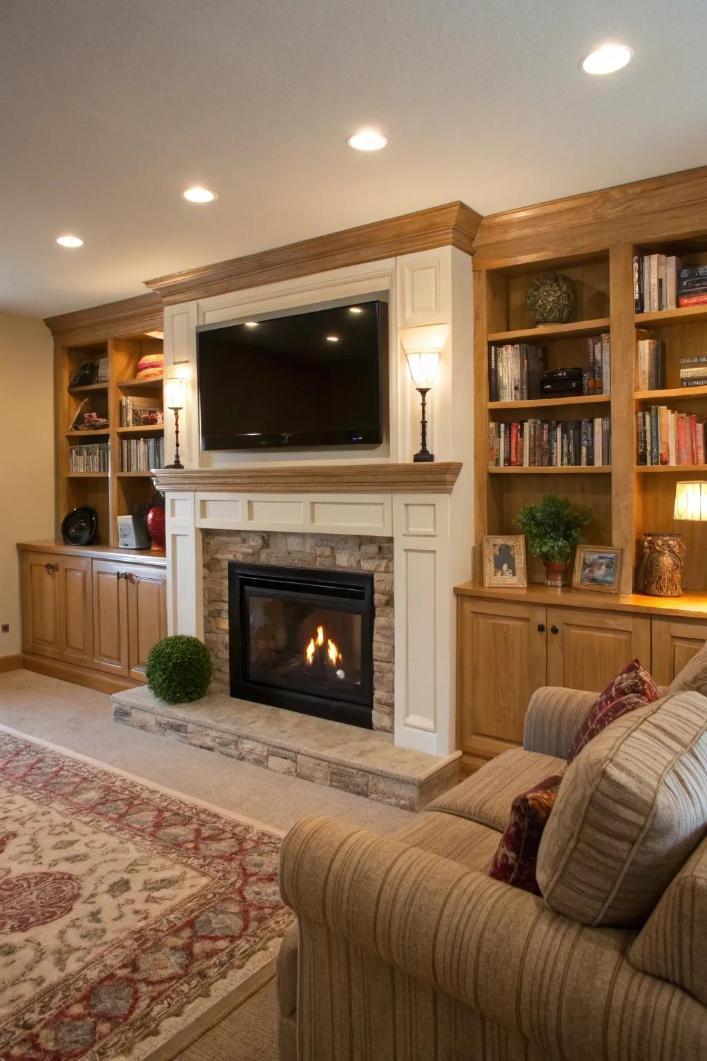 A wall-mounted TV integrates harmoniously with the fireplace's aesthetic.