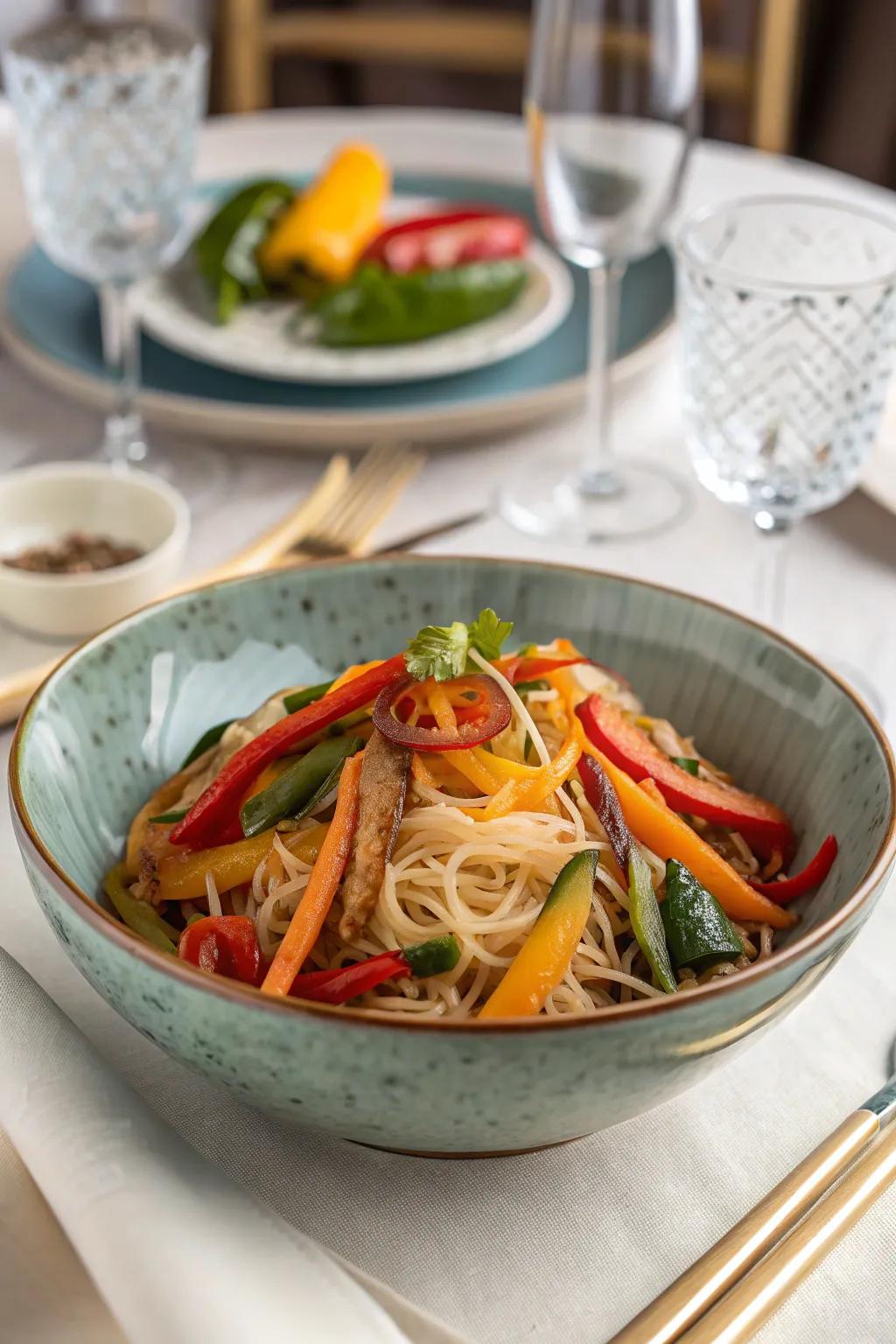 A vibrant stir-fry with rice noodles, a delight for your taste buds.