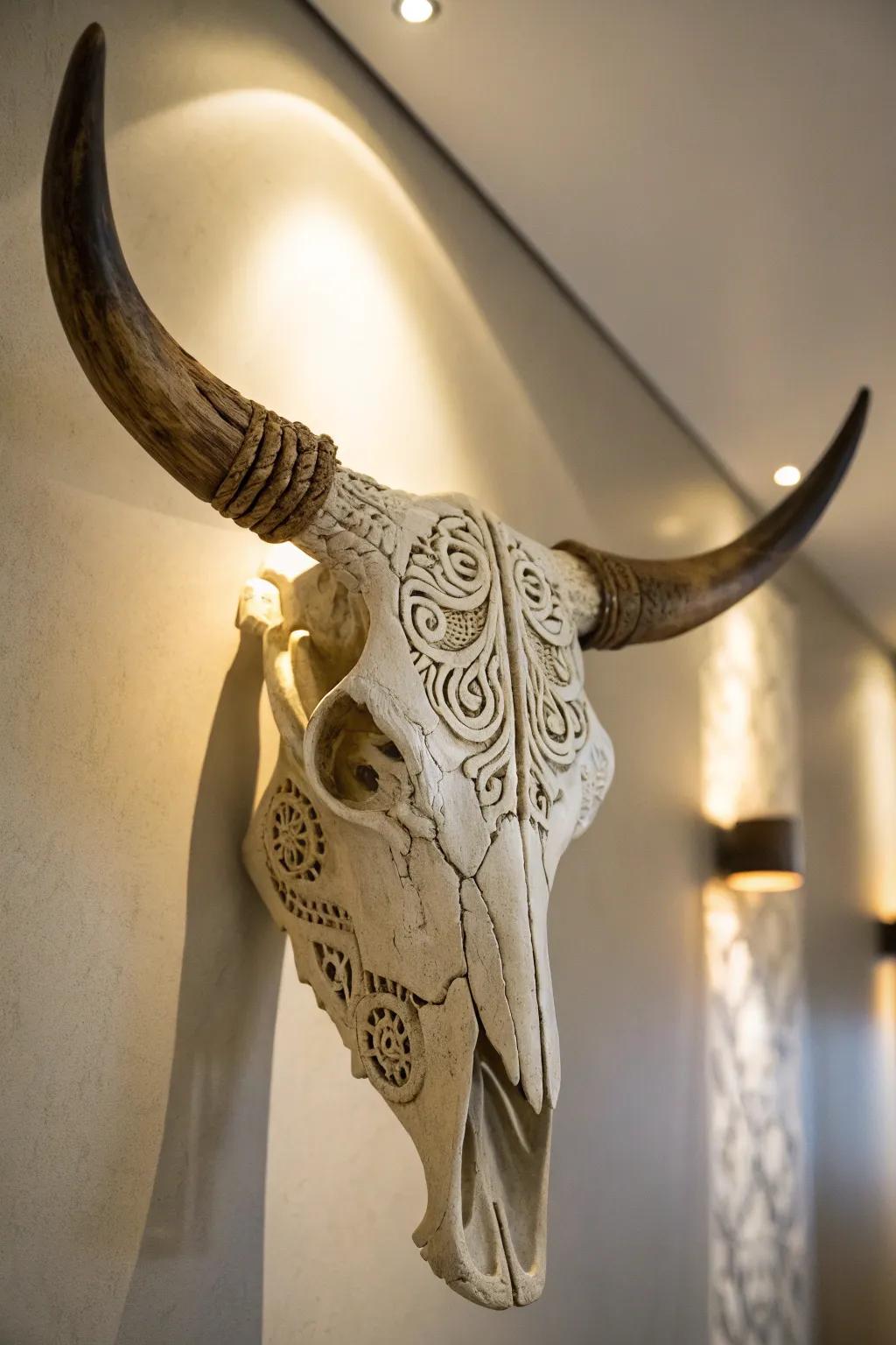 Elaborately carved cattle skull introducing artistic detailing.