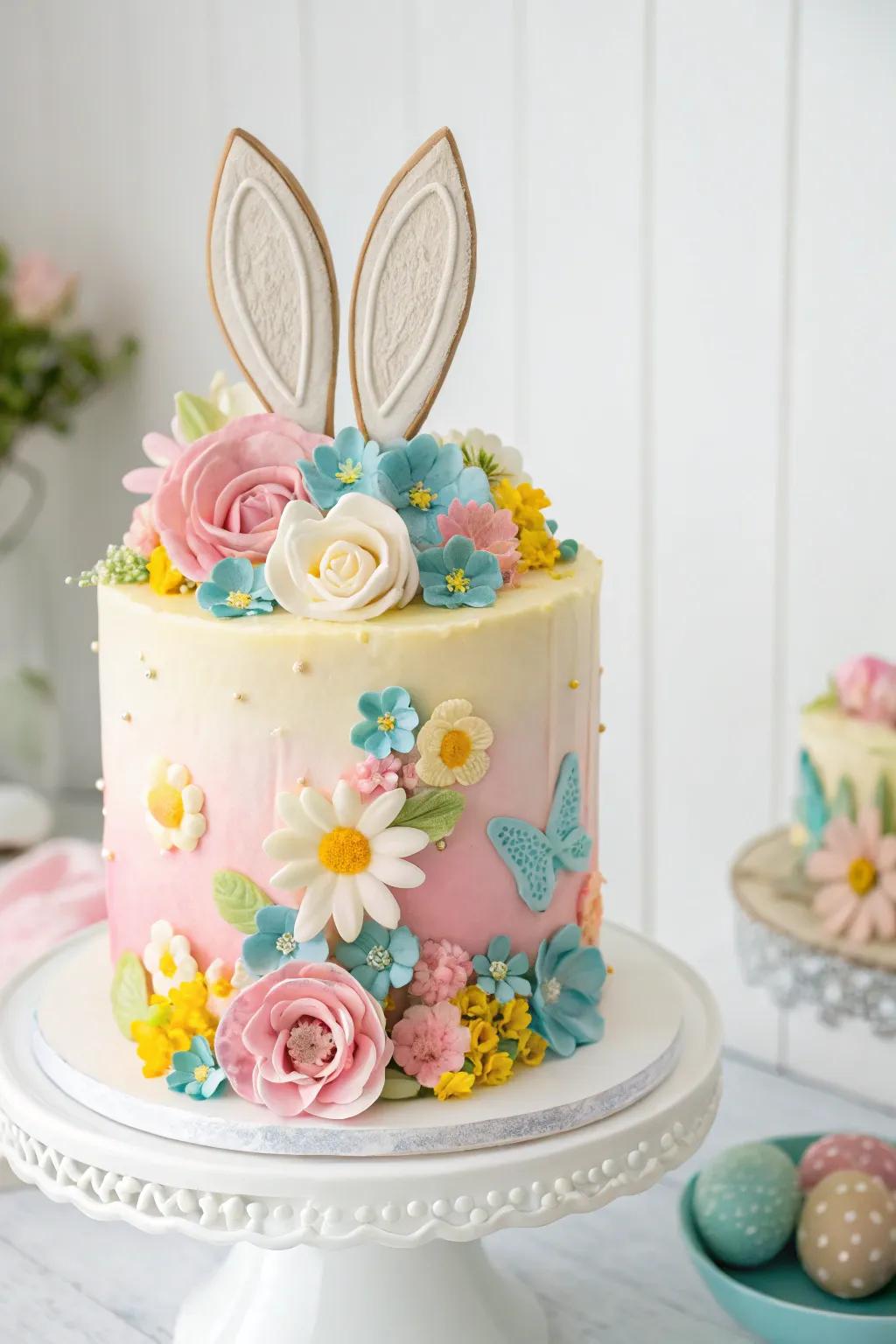 A whimsical bunny-garnished cake ideally suited for the baby shower.
