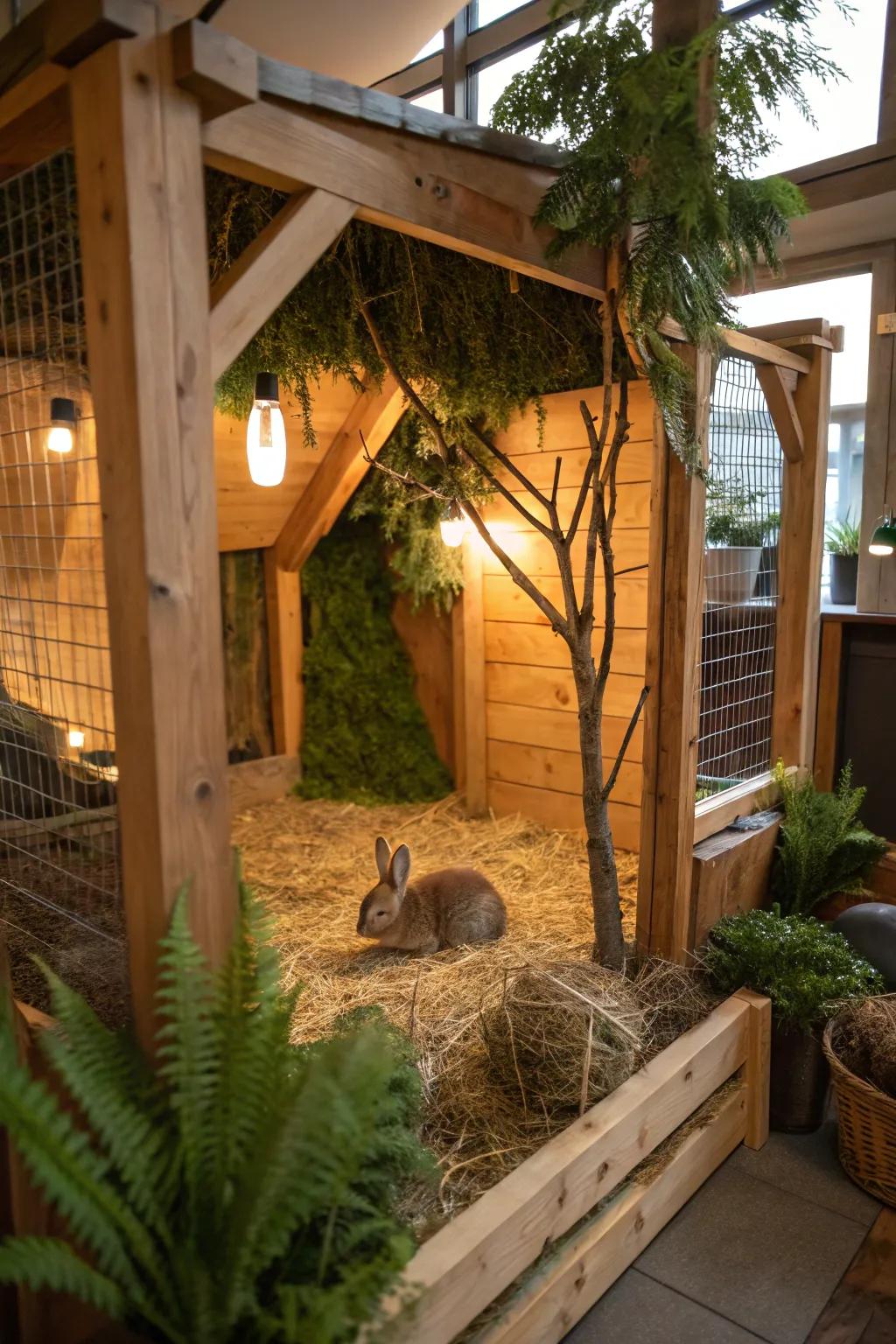 Organic materials fashion a warm and enticing bunny environment.
