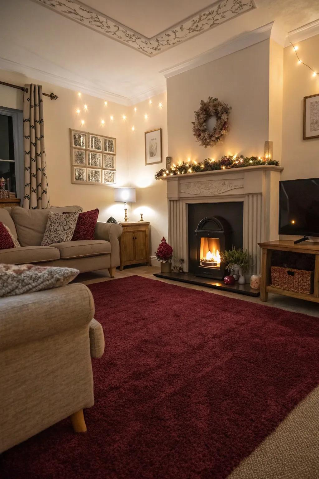 A comfortable vibe fashioned with a claret floor covering and gentle lighting.