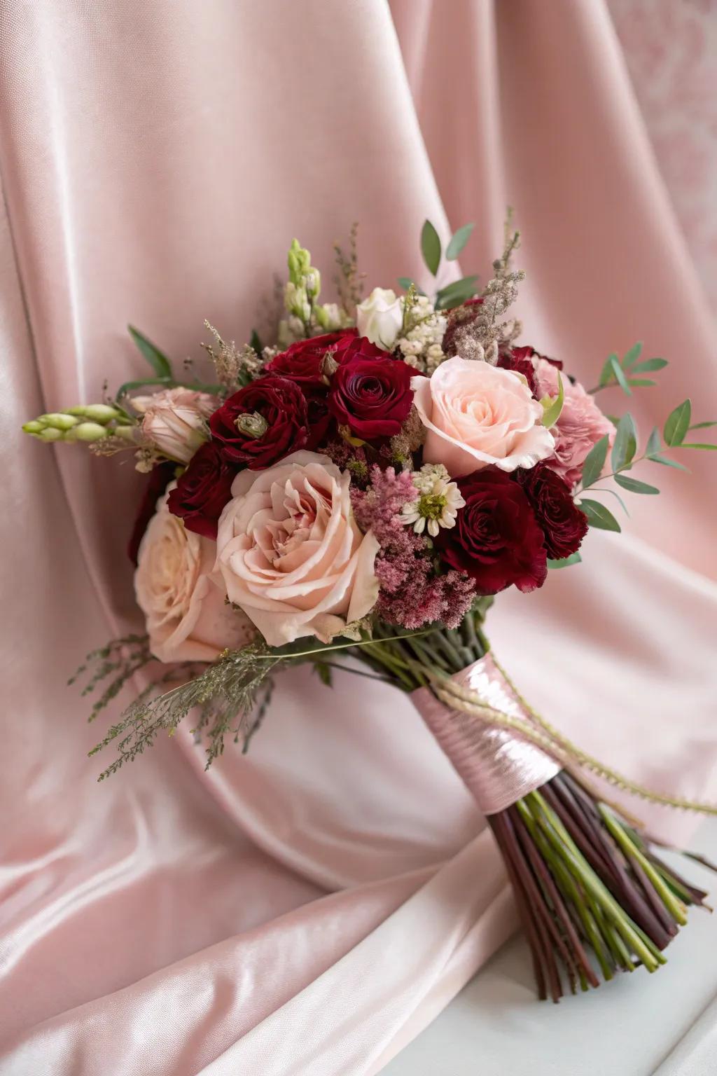 A tender fusion of burgundy and blush flowers, radiating romance.
