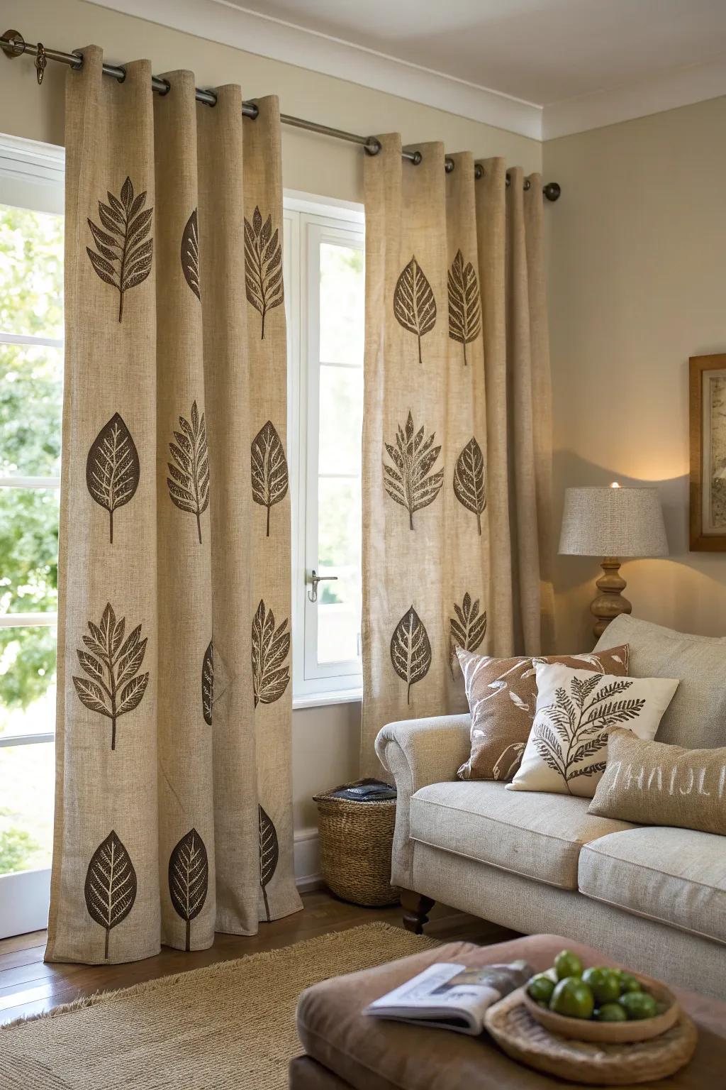 Stenciled sackcloth drapes let you show off your personal flair.