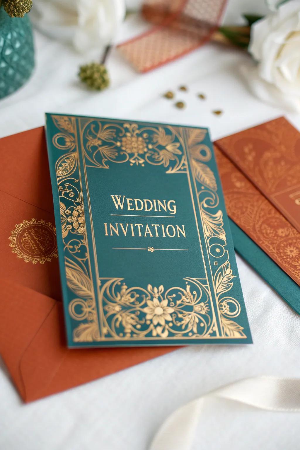 A wedding invite reflecting an ocean and sunset-hued theme.