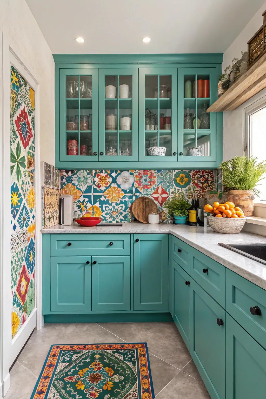 A vibrant butler's pantry featuring cerulean cabinets and a captivating backsplash.