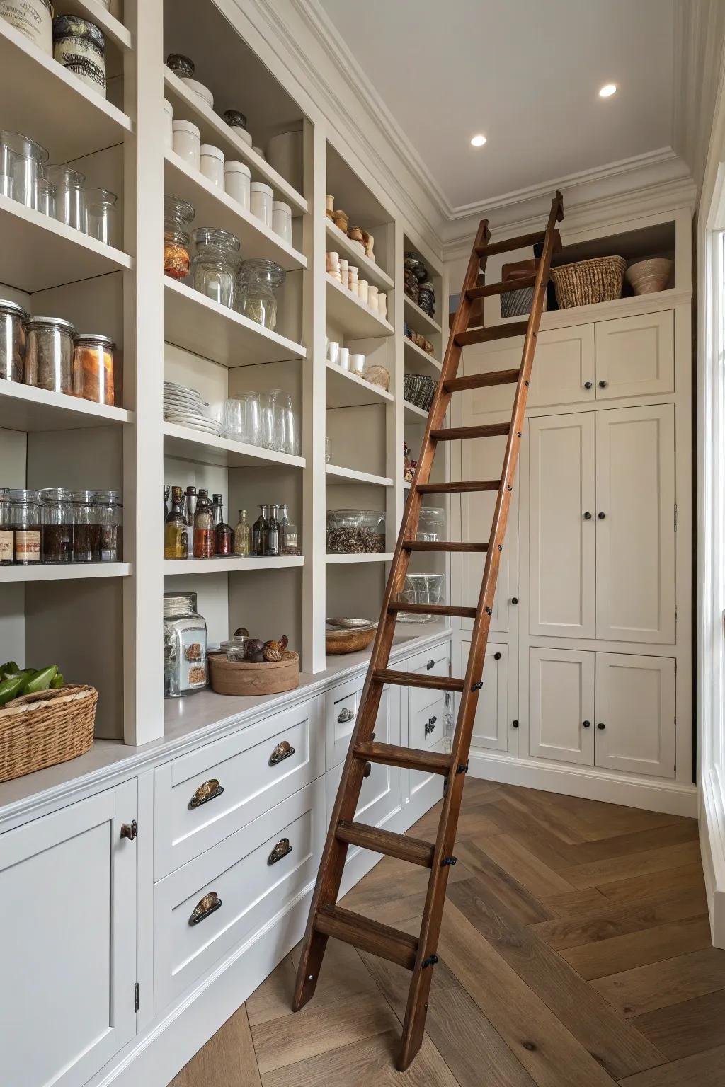 A mobile staircase offers access to tall shelves while enhancing style.